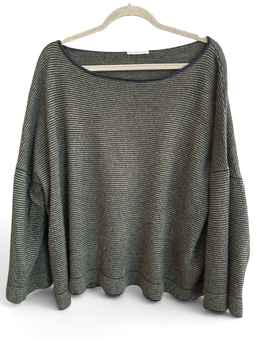 Gretchen Neal Cashmere Relaxed Boatneck Striped Boxy Sweater - Olive & Navy XL